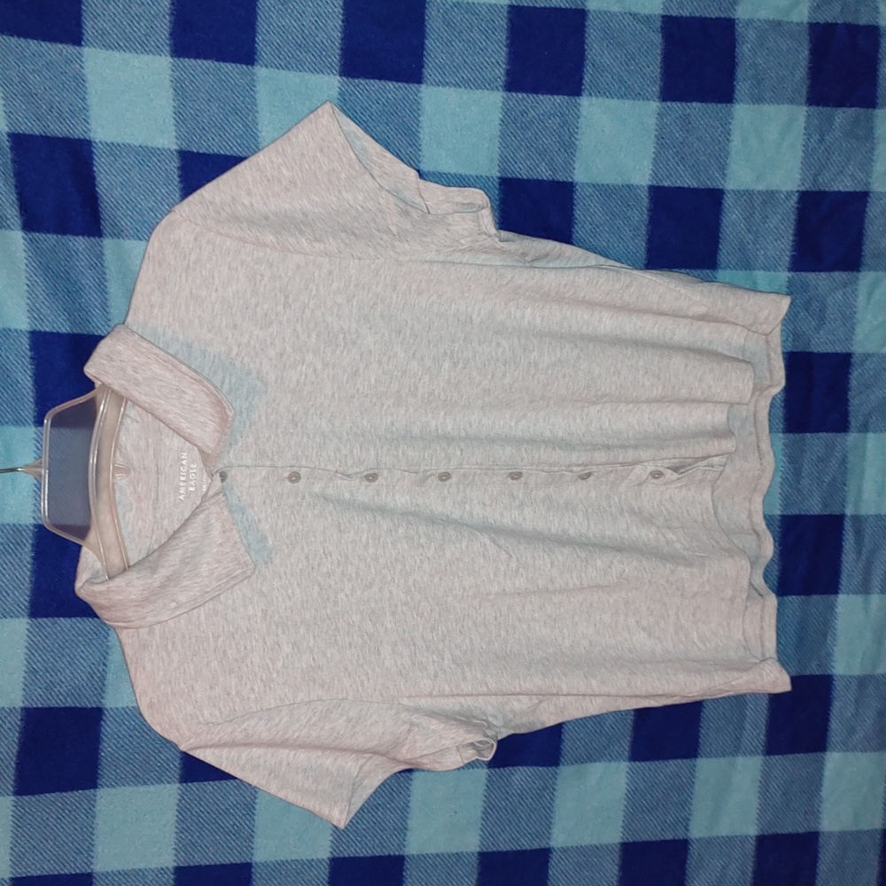 American Eagle Gray Cropped Button Front Polo Shirt XXL